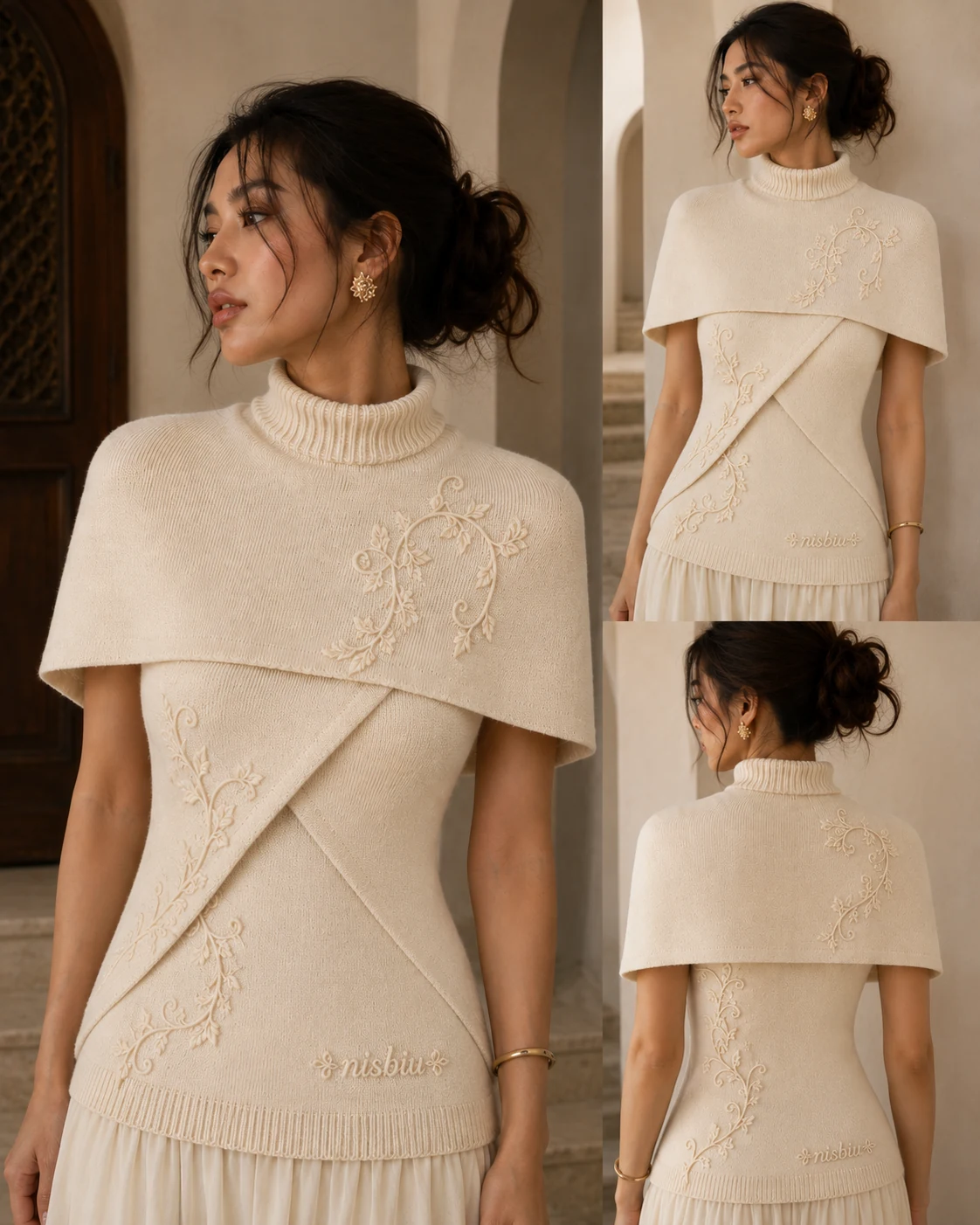NSBIU Sawan cape knit photographed from front and back