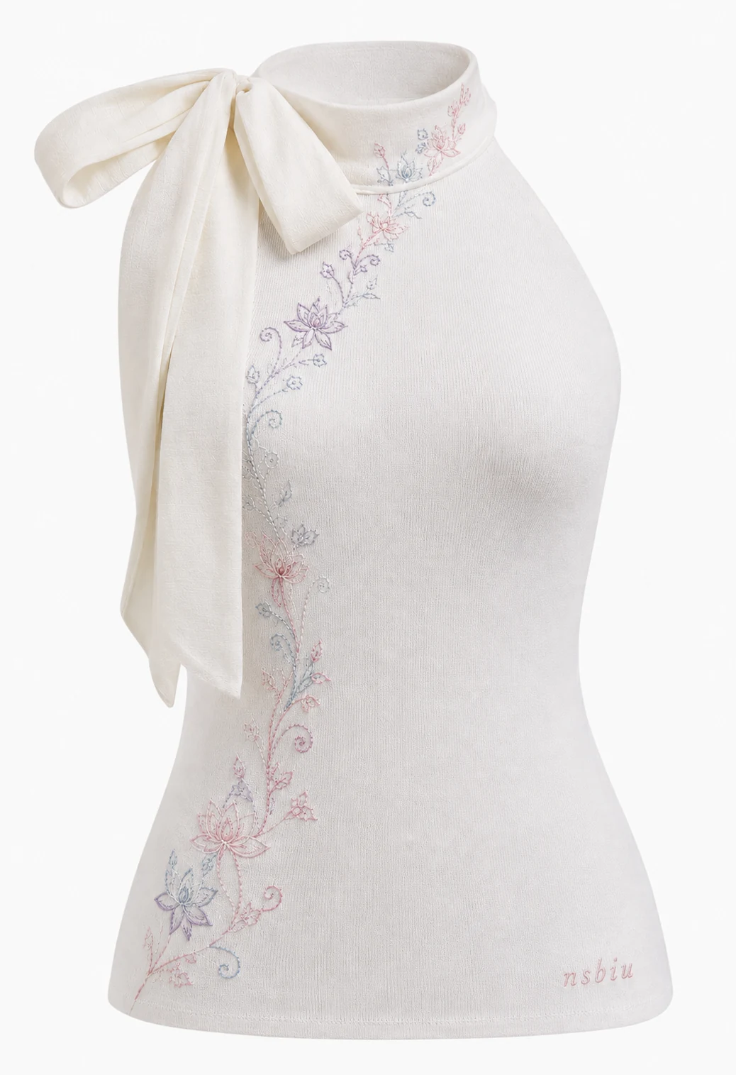 Ivory halter with lotus-vine embroidery