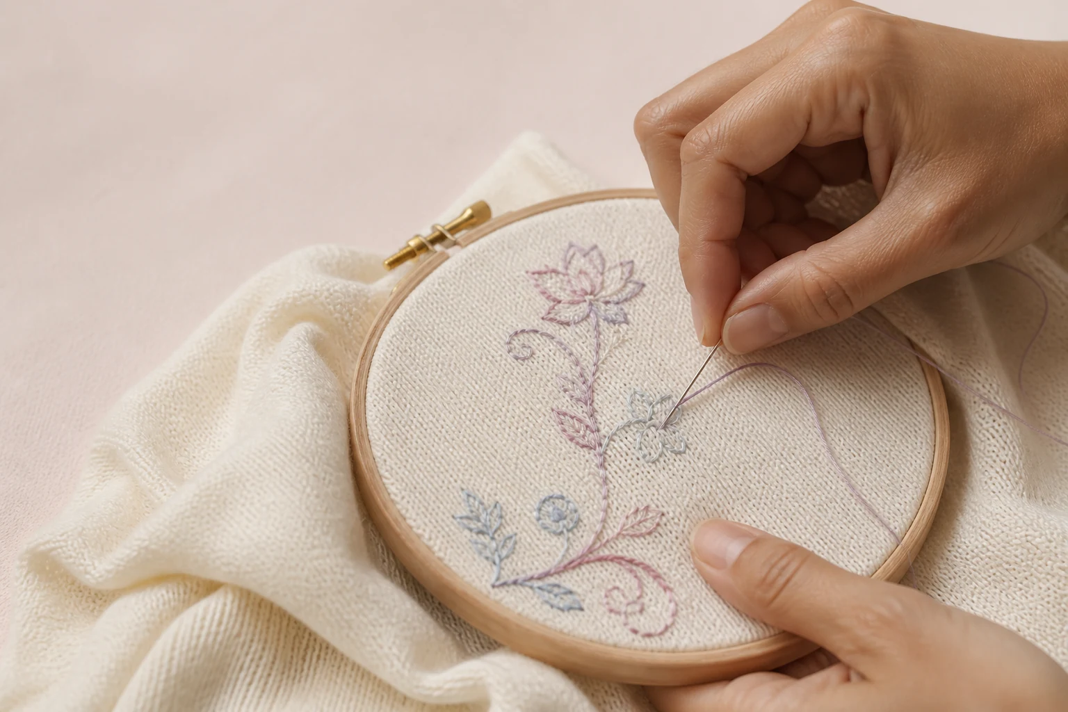 Hands embroidering a pastel botanical motif onto ivory knit